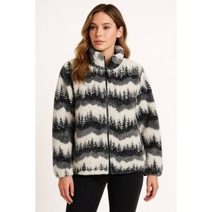 Coastlines Fleece Jacket Womens M White Gray Sherpa Forest Fuzy Warm Winter VTG